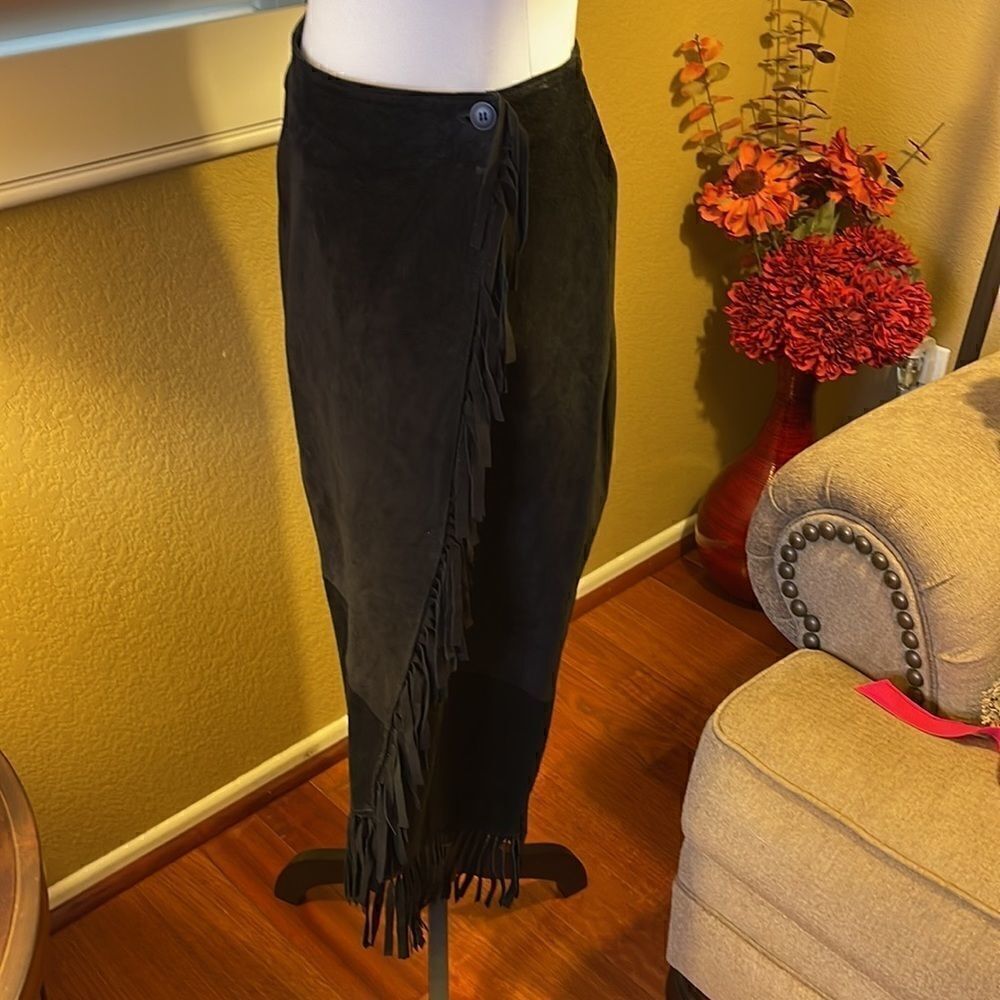 Black Suede Wrap Skirt with fringe SZ M